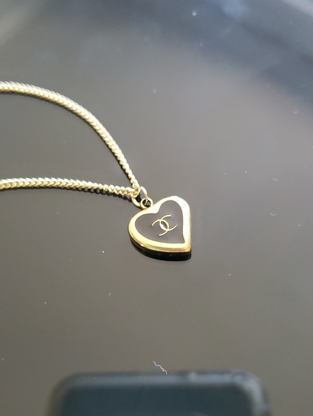 CHANEL Gold-Tone Heart Zip Pull Charm Pendant Added To Chain Necklace